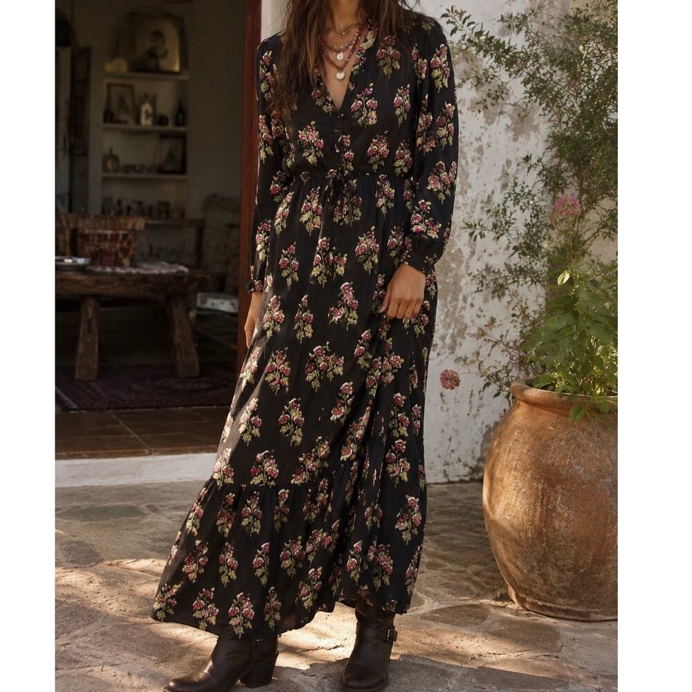 Emerson Fry India Collection Black Long Sleeve Floral Block Print Dress Size Med